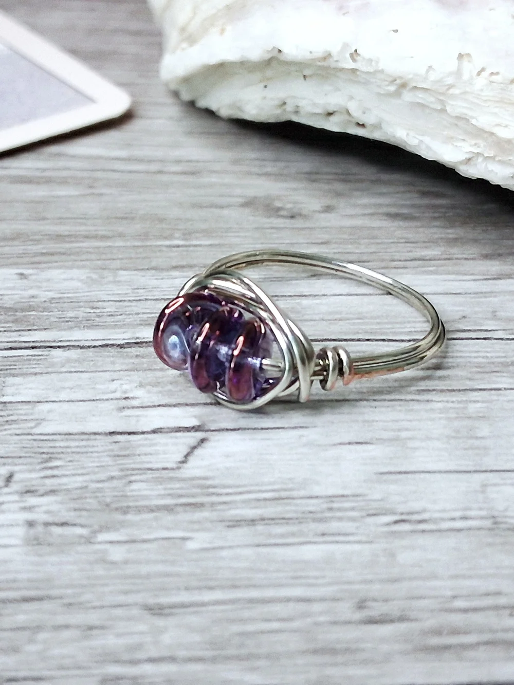 Silver Wire Ring with Purple Czech Glass Beads 6
